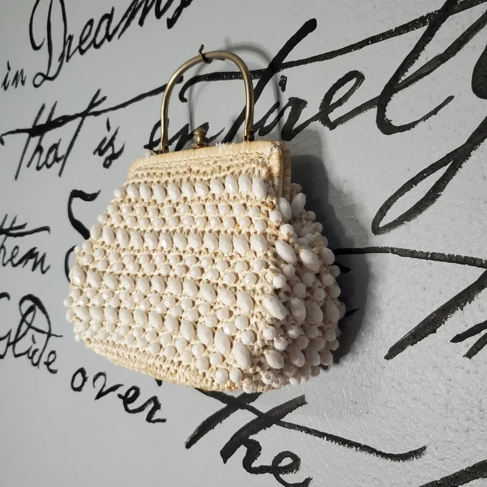Vintage 1950’s Mid-Century Ivory Italian Beaded Handbag w/ Metal Handle